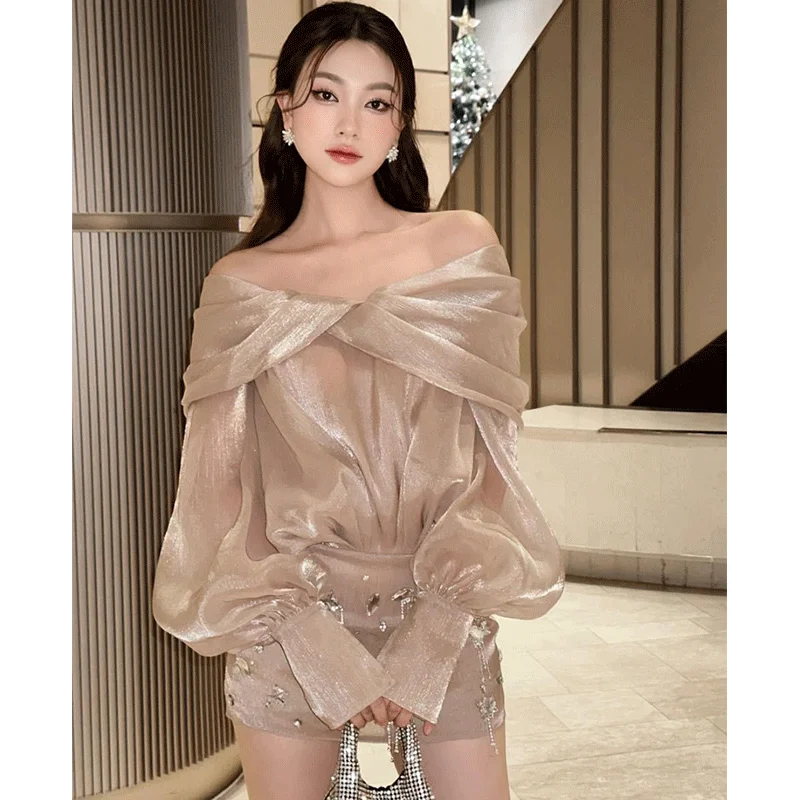 MiiiiX French Style Pearlescent Shirt Skirt Women's Elegant Party Dress 2024 Autumn Slash Neck High-end Fashion Slim Sheath Gown