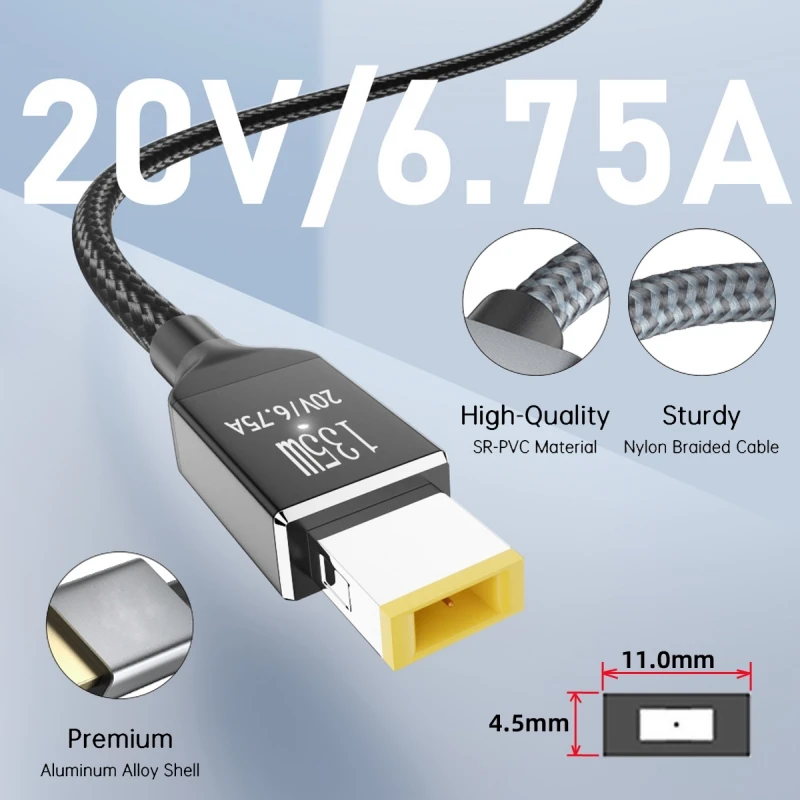 Cable de carga tipo C para ordenador portátil, USB-C de 2,0 m/6,5 pies, 135W a CC, rectangular, 11,0x4,5mm, PD, para Thinkpad X1 Legion Y7000P, DC20V 6.25A