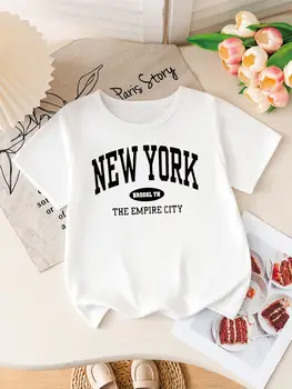 Kids Boys/Girls White T-Shirt, "NEW YORK BROOKLYN" Letter Print Short Sleeve Tee for Casual Daily Wear
