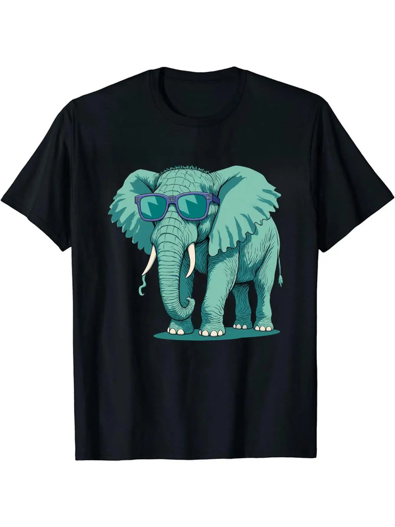 Funny Men's Black Graphic T-Shirt Cool Elephant Wearing Sunglasses Teal Animal Illustration Bold Cartoon Style Print 100% Cotton Heavyweight Short Sleeve Casual Streetwear Tee