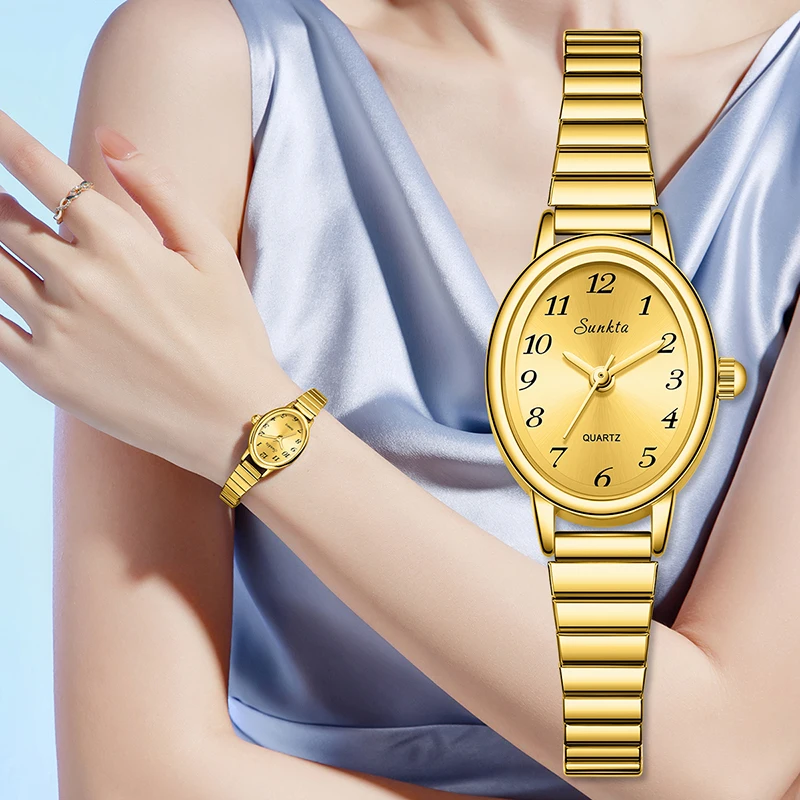 

Кварцевые часы SUNKTA для женщин, овальные золотые часы с браслетом из нержавеющей стали, женские водонепроницаемые часы с цифровым циферблатом, женские часы Reloj Mujer