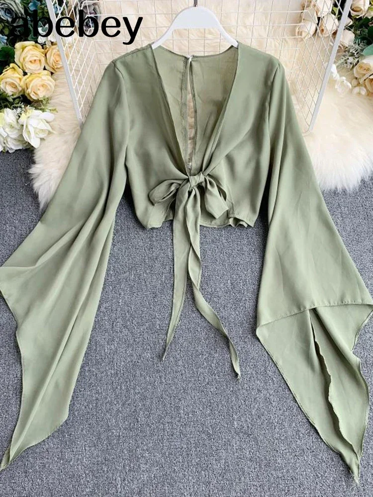 2025 New Summer 2 Piece Outfits For Women Flare Sleeve Crop Top + Broad-legged Shorts Fashion Ladies Sexy Solid Chiffon Suit Set