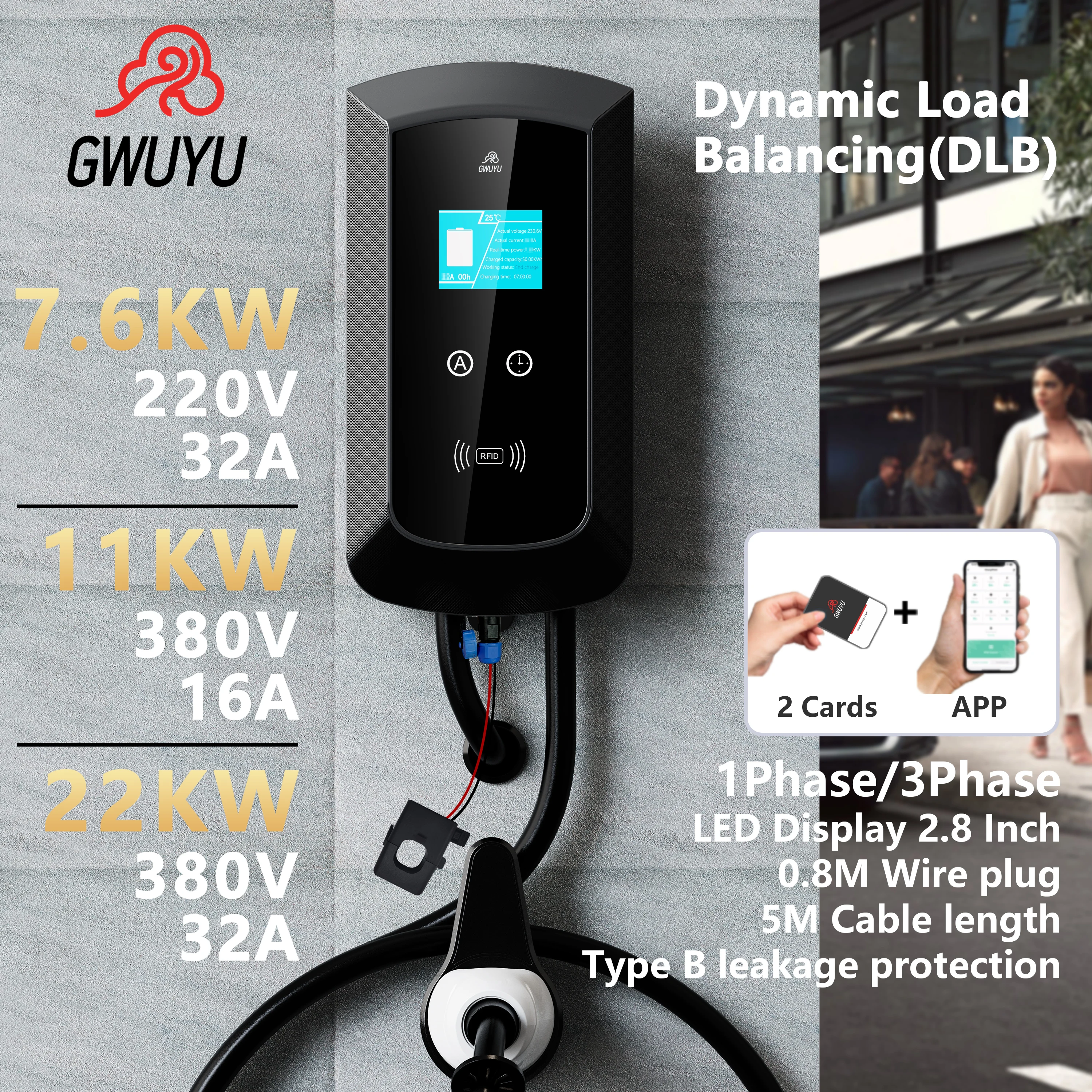 EV Charging Station Dynamic Load Balancing GWUYU JZ14 Type 2 7.6KW 32A 3 Phase 11KW 22KW Wallbox Charger for Electric Vehicle