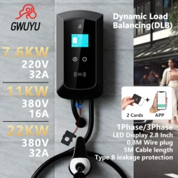 Estação de carregamento EV para veículos elétricos, balanceamento dinâmico de carga, Wallbox Charger, GWUYU JZ14, Tipo 2, 7.6kW, 32A, 3 Phase, 11kW, 22kW