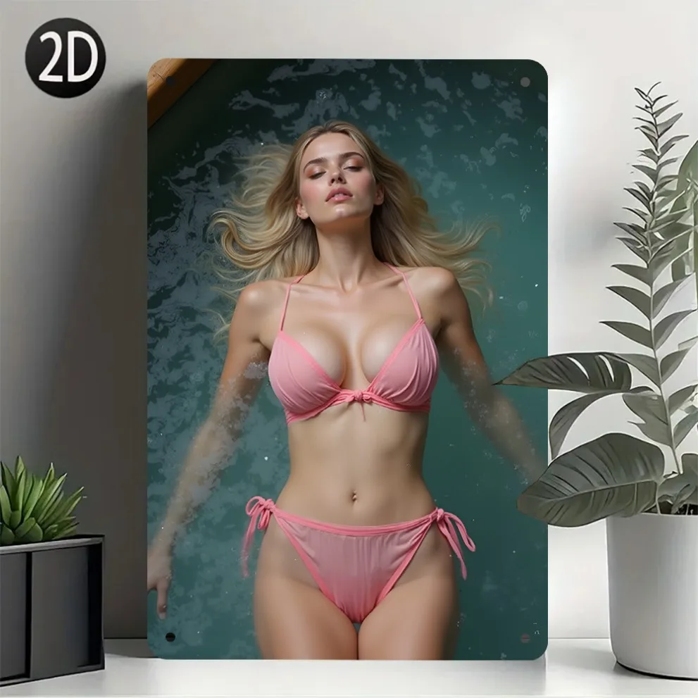 Retro Sexy Pinup Girl Metall-Wandschild – Pink Bikini Lady Art für Zuhause, Café, Bar, Dekoration, 7,87 x 11,8 Zoll