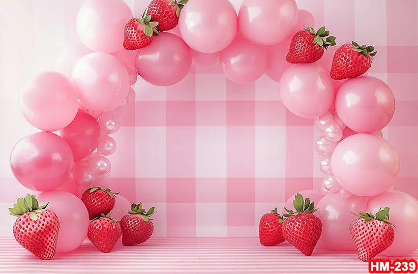 ربيع جديد الفراولة متجر خلفيات للتصوير الفوتوغرافي بالونات ملونة باب ديكور الأطفال حفلة عيد ميلاد سعيد خلفية الصورة