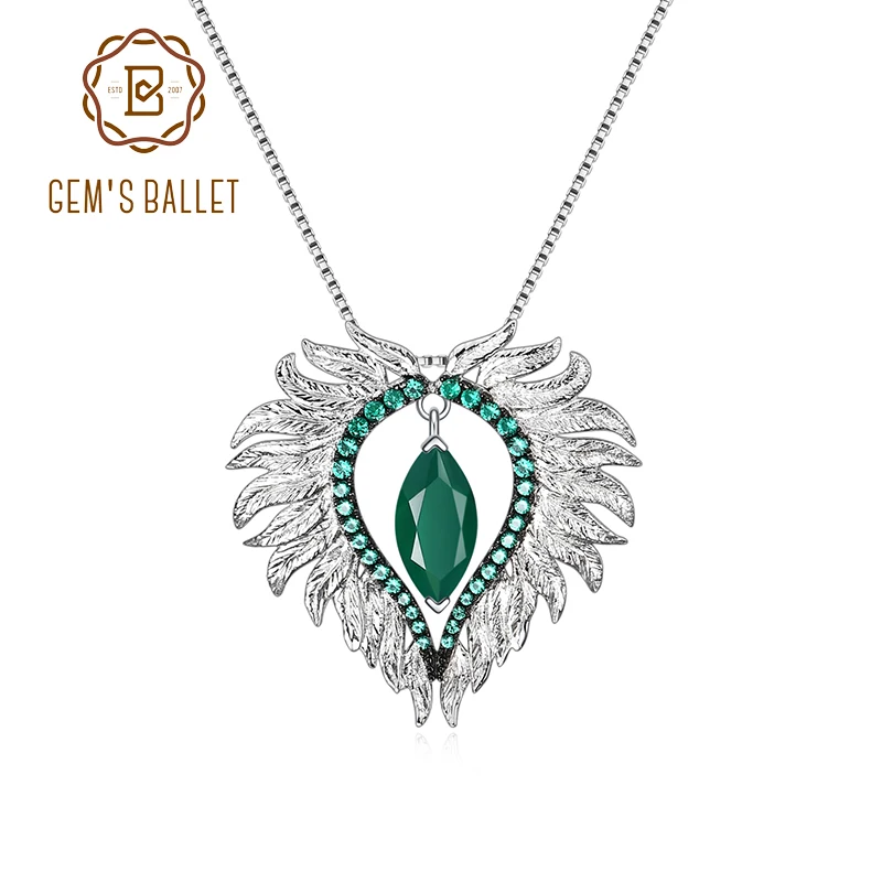 

GEM'S BALLET Angel Wings Feather Pendant 925 Sterling Silver 45cm Chains Necklaces For Women Luxury Jewelry Natural Green Agate