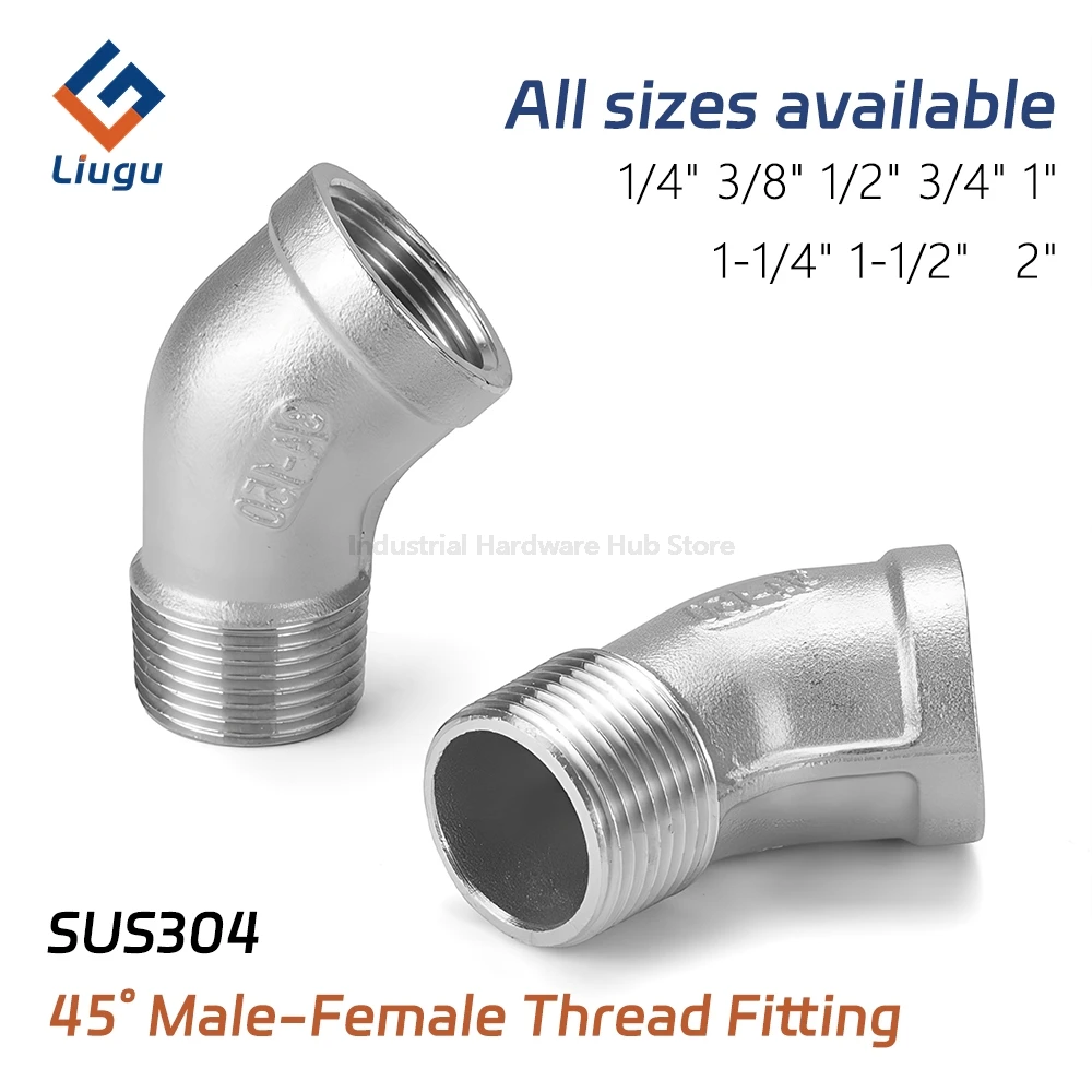 

SS304 Stainless Steel 45° Elbow, Female x Male Threaded Pipe Fitting, 1/4" 3/8" 1/2" 3/4" 1" BSP for Plumbing & Water Supply