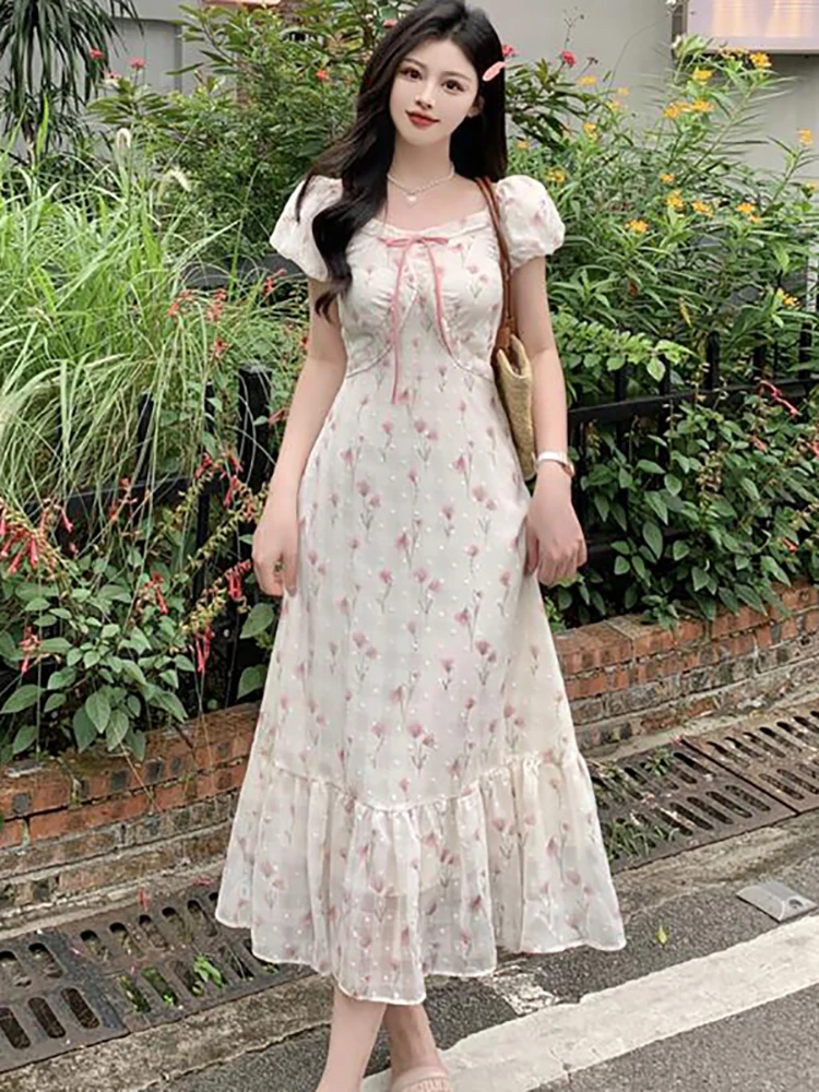 2025 Boho Floral Puff Sleeve Bow Square Collar Dress Women Elegant Casual Ruffled Beach Dress Summer Korean Bodycon Party Dress