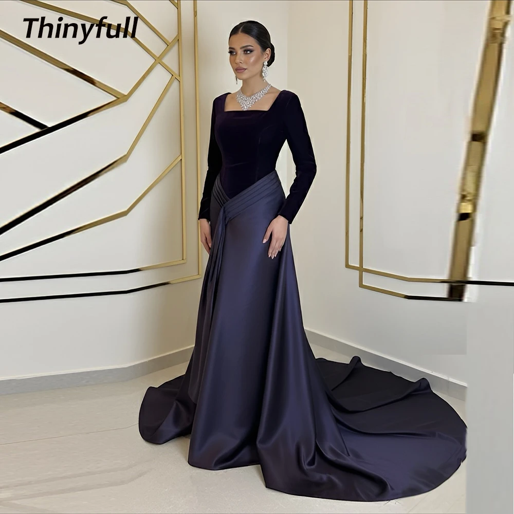 

Thinyfull Mermaid Satin/Velvet Prom Dresses Square Collar Long Sleeves Evening Gown 2026 Formal Dress robes de soirée Customized