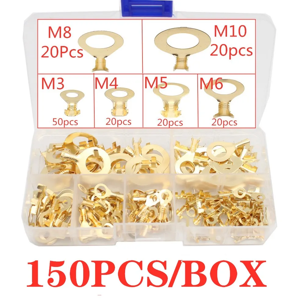 M3/M4/M5/M6/M8/M10 Ring Lugs Eyes Copper Crimp Terminals Cable Lug Wire Connector Non-insulated Assortment Kit