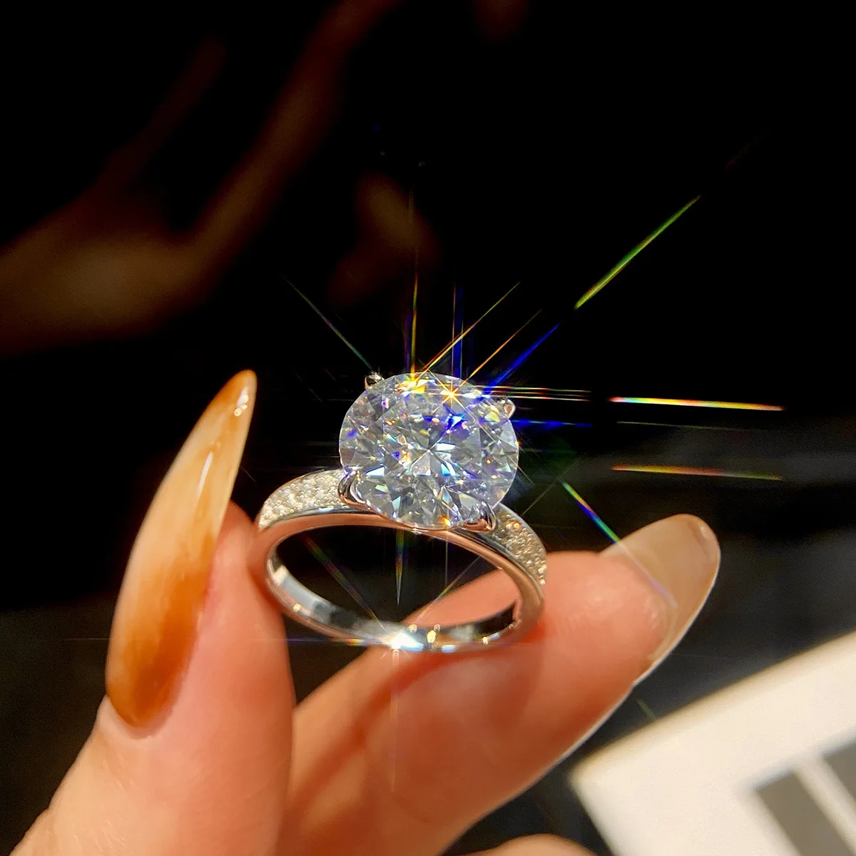 

S925 Rhodium Plated Silver 5CT D Color Oversized Solitaire Moissanite Four Prong Ring for Women, Engagement Proposal Jewelry