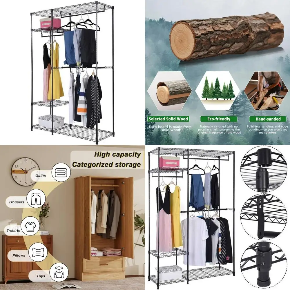 

Сверхмощная 4-ярусная отдельно стоящая металлическая вешалка для одежды большой вместимости и 3 подвесными планками для решения для хранения в гардеробе