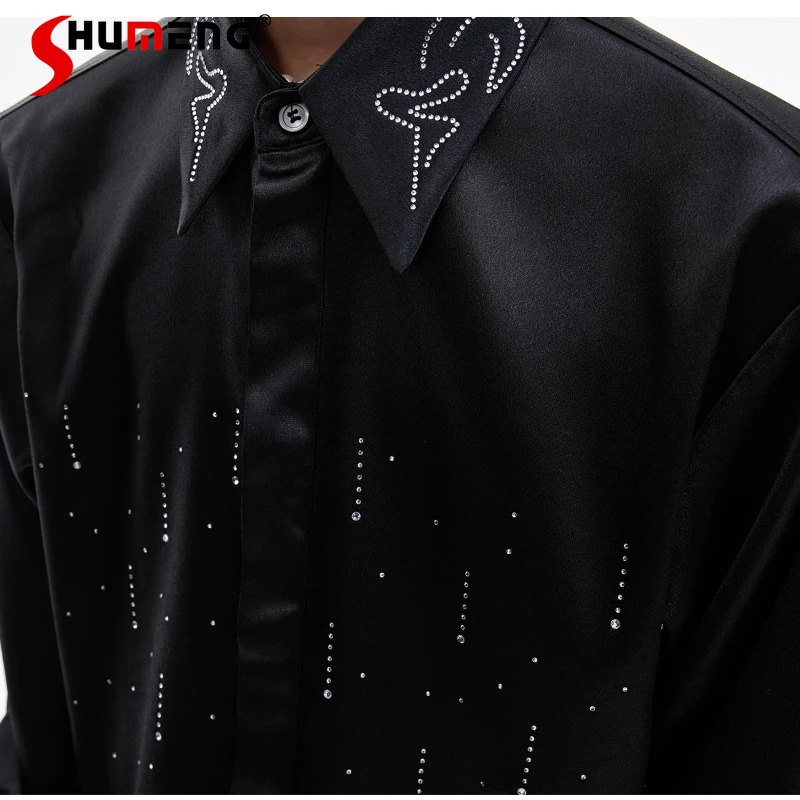 2025 Men's Autumn New Fine Flash Hot Diamond Shirts Elegant High-end Loose Comfort Shirt Fashion Versatile Solid Color Chic Tops