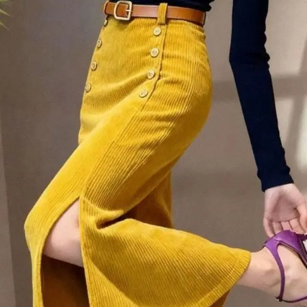 

French purple corduroy hip skirt women's autumn and winter straight good-looking split-ended chenille long skirt