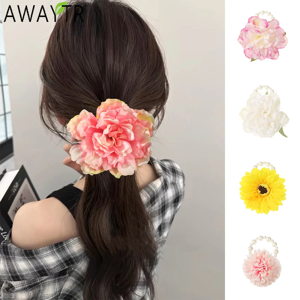 AWAYTR Artificial Rose Flowers Scrunchies Ponytail Pearl Hair Rope for Women Elastic Hair Bands Rubber Gum Band Hair Accessories