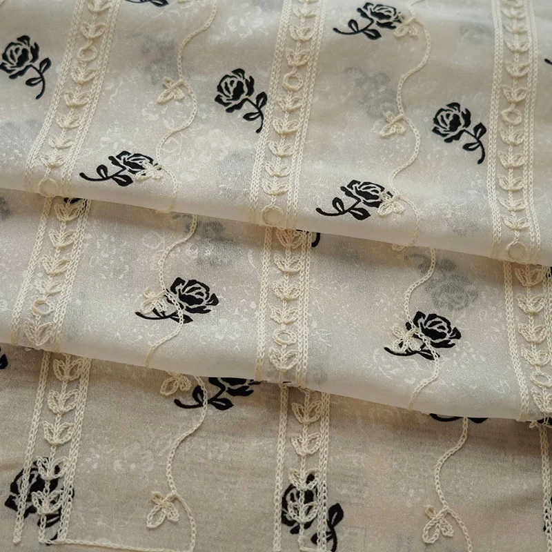 1 Yard/lot 150Cm wide Classic Rose Flock Embroidery Trim Sheer Lightweight Gown Fabric Women Dress Decorative Material