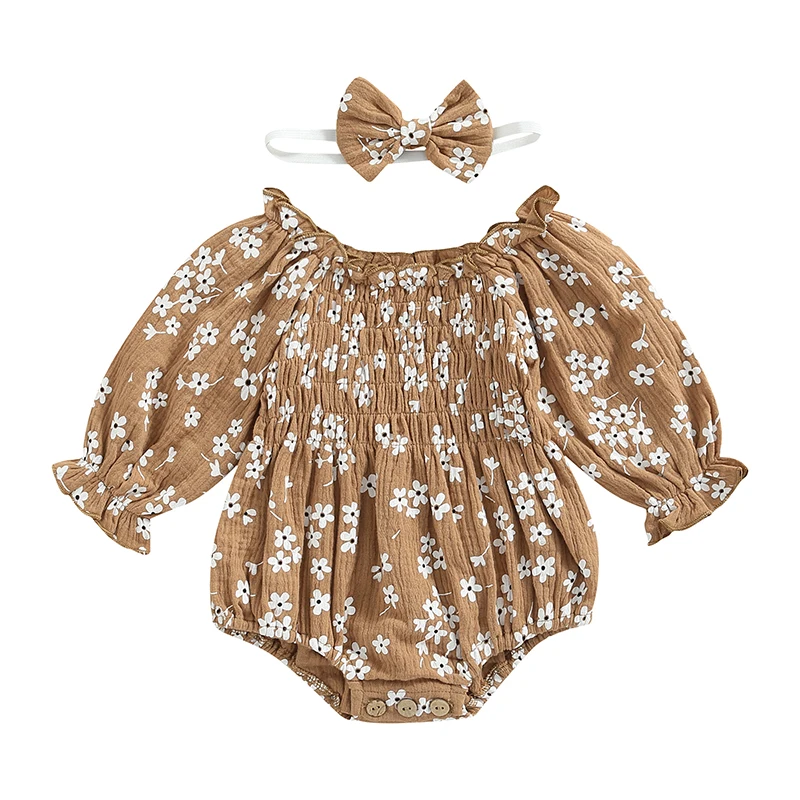 Spring Autumn Baby Girls Romper + Headband Cotton Long Sleeve Floral Printed Infant Jumpsuit Newborn Clothes Set