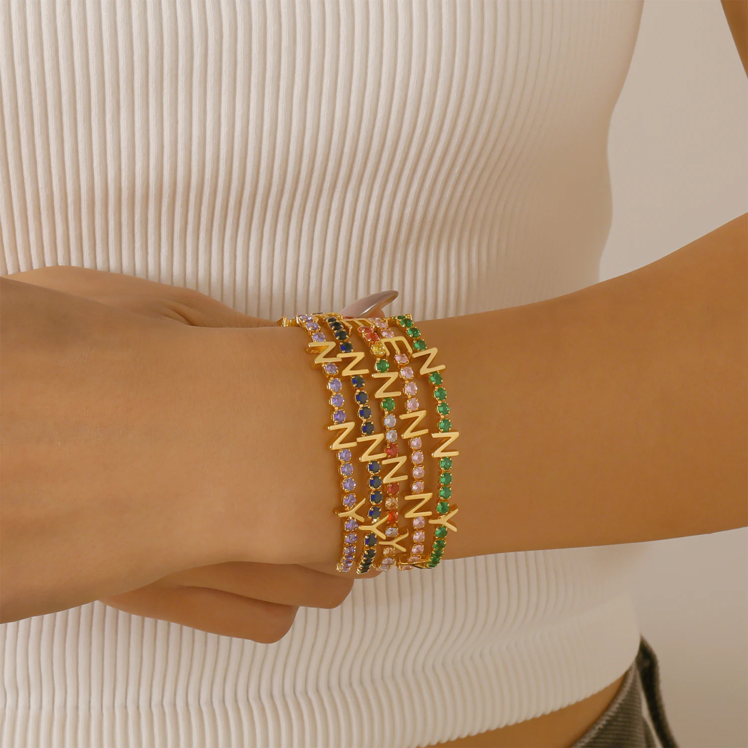 Qitian Custom Initial Letter Tennis Chain Bracelet With Colored Zirconia Personalized Crystal Bracelet Fashion Jewelry For Women
