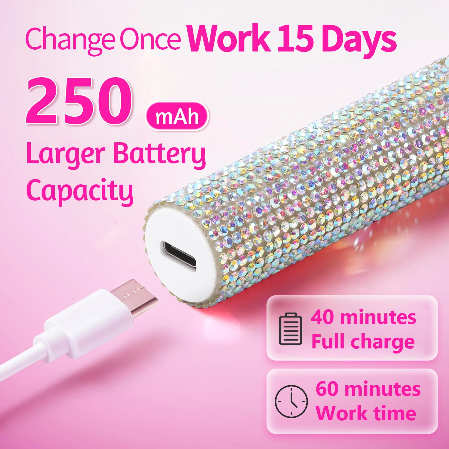 Lampe à ongles UV portative en strass, réglage à 2 minuteries (20s/60s), batterie de 250 mAh pour une utilisation en 15 jours, sèche-ongles en gel rechargeable portable