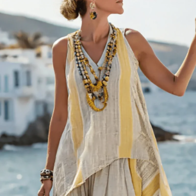 Summer Vacation Outfits Woman Elegant Contrast Striped Print Vintage Set Spring V Neck Long Irregular Top And Pant Suit Harajuku