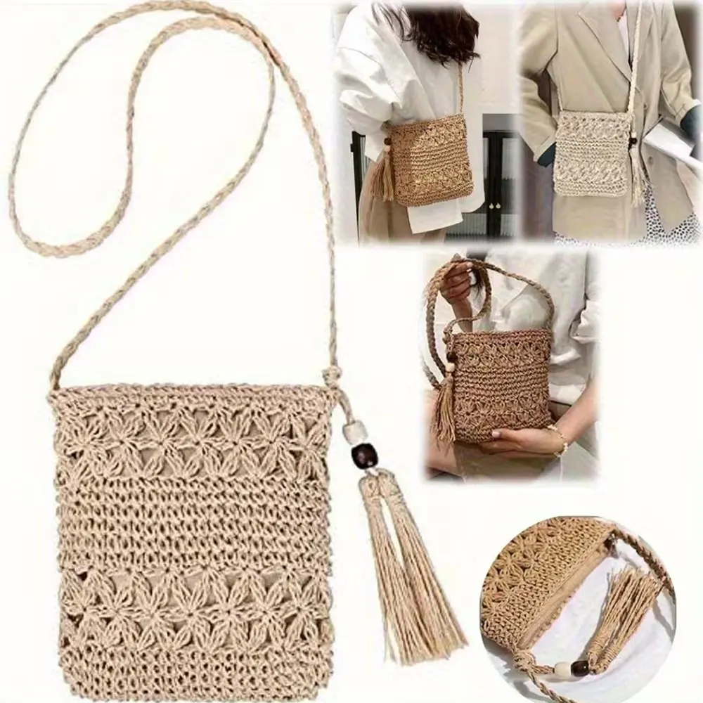 Modische Damen-Schultertasche aus gewebtem Stroh mit einem lässigen, einfachen und vielseitigen Design, der perfekte Touch für den sommerlichen Strand-Look. Leichtes und offenes Design, perfekt für Strandtouren und Outdoor-Wanderungen, eine ideale Wahl für Urlaubsgeschenke. – Detail 1