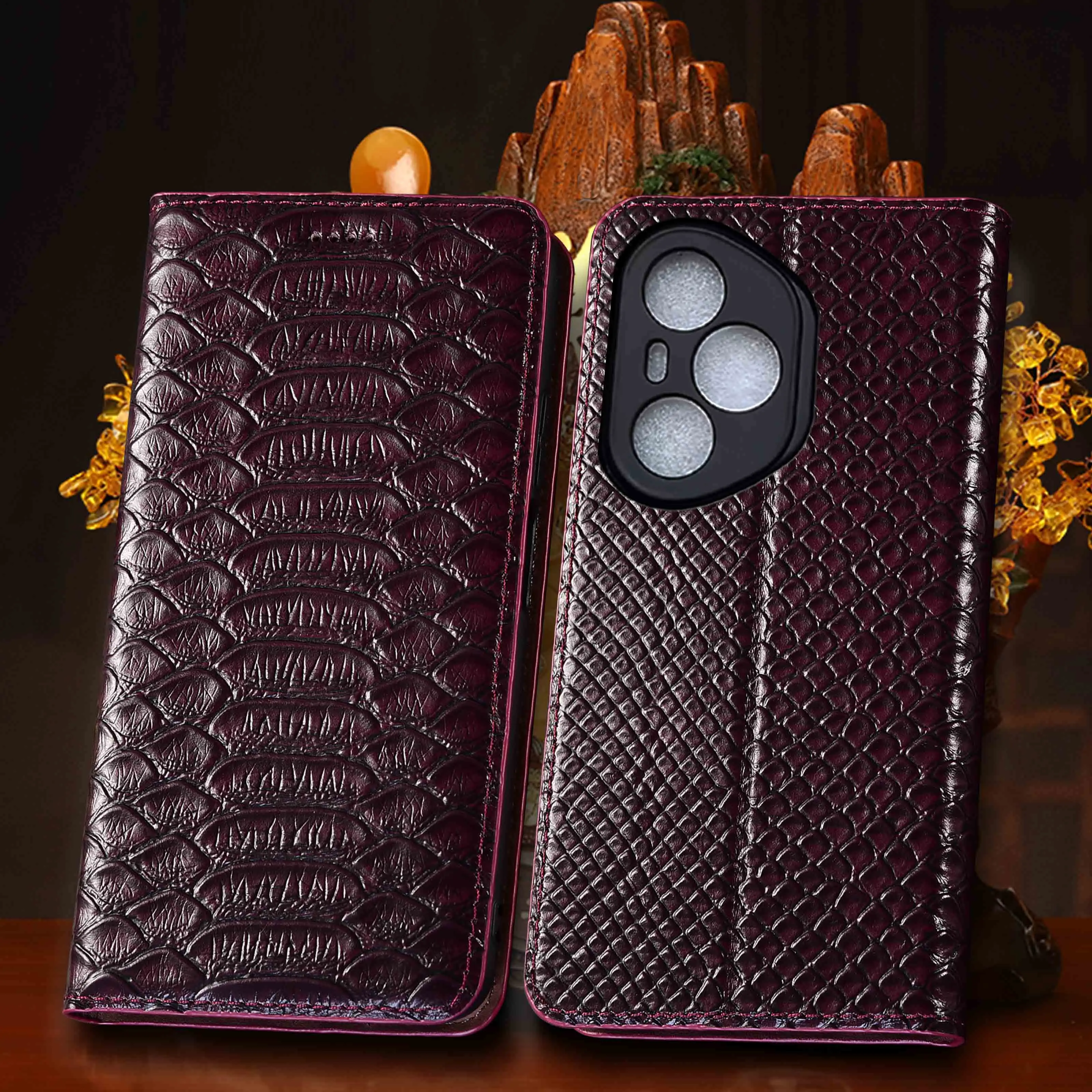 For Honor 80 90 100 200 300 400 500 600 Pro Lite Ultra Smart SE GT Python Pattern Genuine Leather Flip Phone Case Cowhide NoSlip