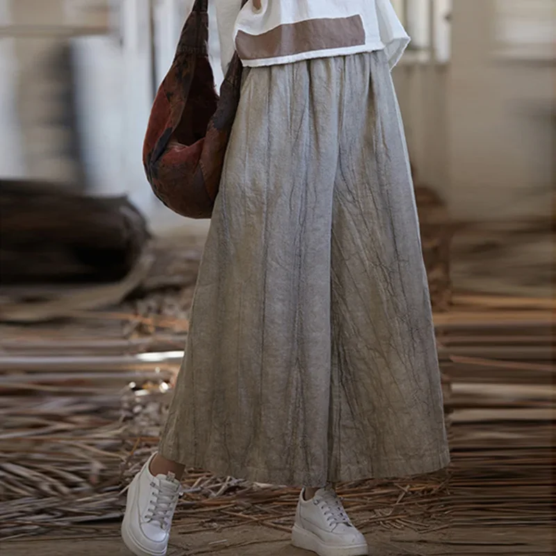 

Pop Women's Cotton Linen Baggy Cargo Pants Vintage Elastic Waist Yoga Trousers Loose Casual Long Wide Leg Slacks