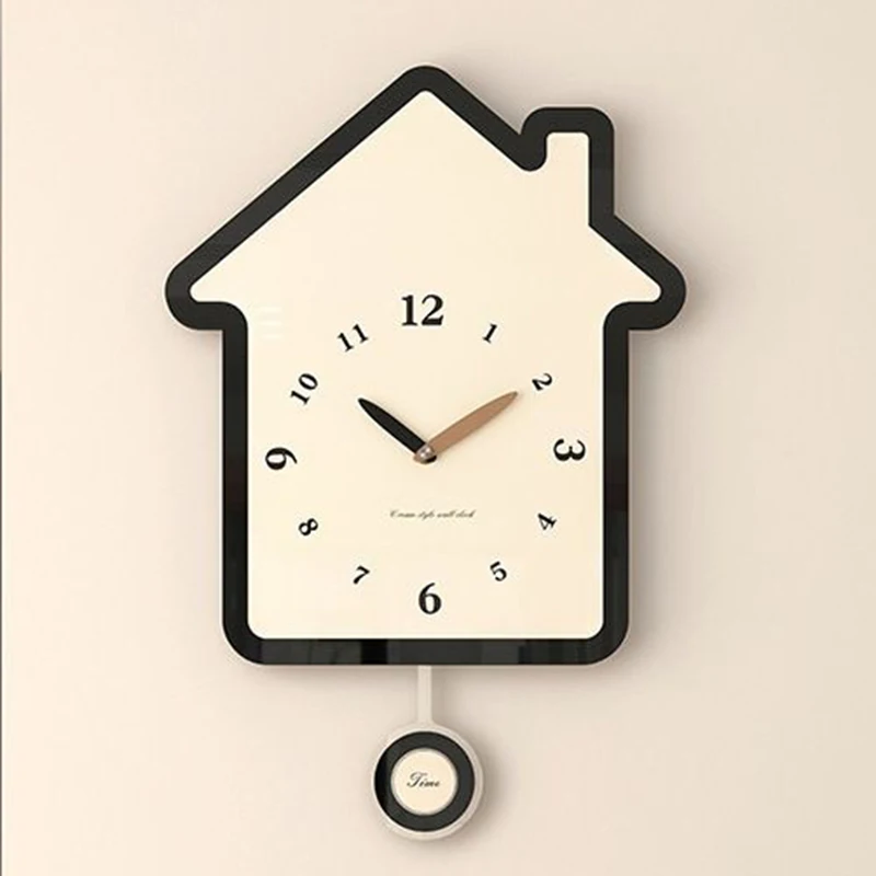 House-shaped Wall Clocks Single-sided Watch Wood Clock Creative Interior Room Dacoration Items with Silent Translation Pendulum