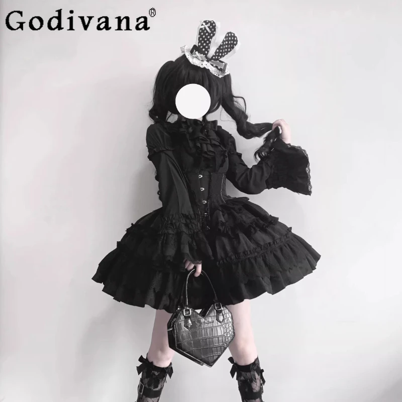 

Subculture Black Gothic Lolita SK Shirt 2-Piece Set for Women High Waist Slimming Retro Short Skirt Long Sleeve Shirts Outfit