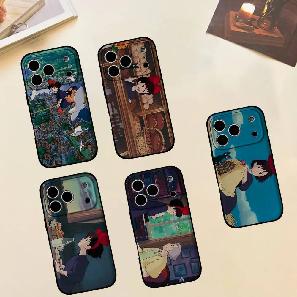 Coque de téléphone AnimeK-Kikis-Deliverys-Service Chat pour iPhone 17, 16, 15, 14, 13 Pro Max, 11, 12 Mini, X, Xs, XR – Housse en silicone noire