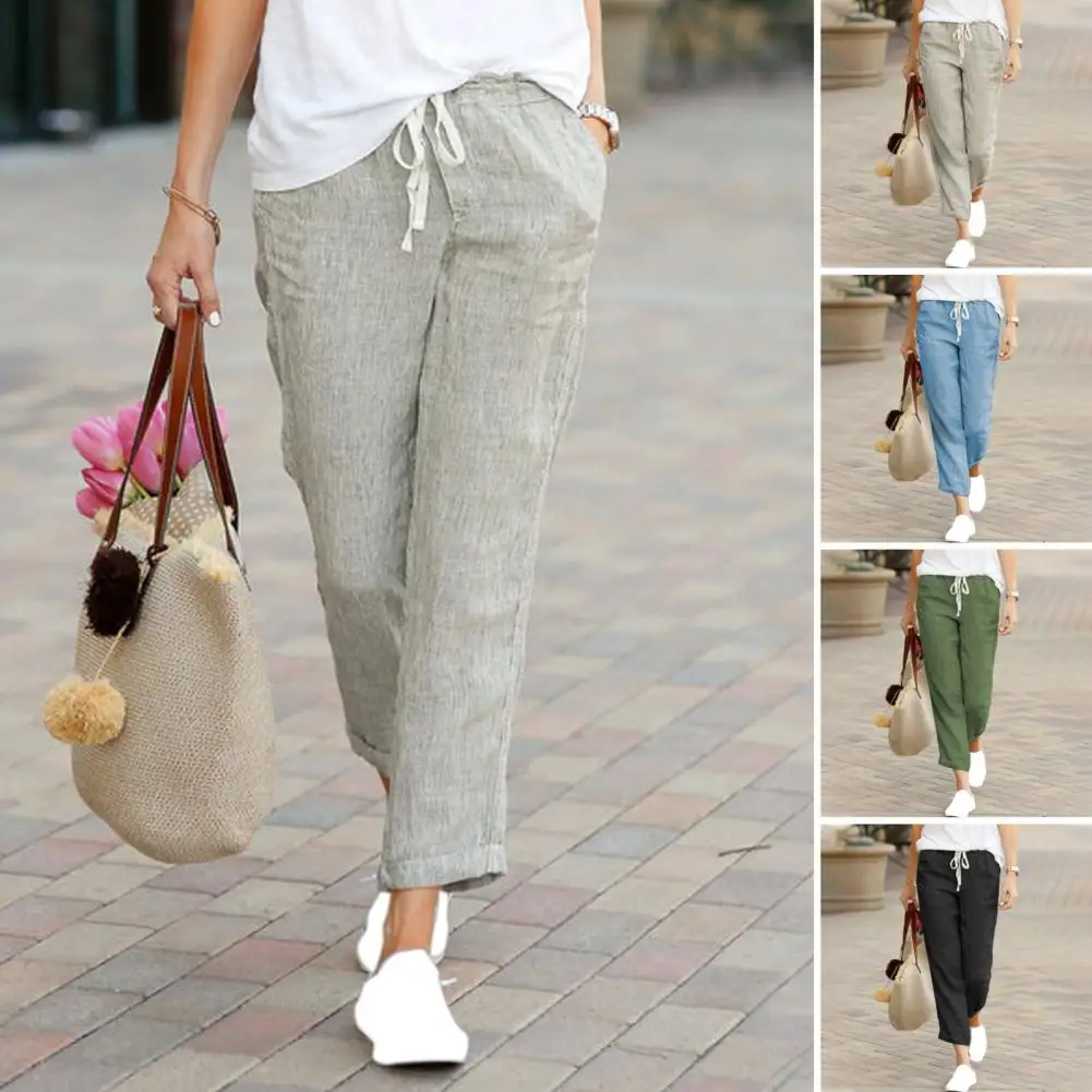 

Elastic Drawstring Trousers Stylish Women's Elastic Waist Drawstring Pants with Pockets for Office Streetwear Solid Color Long