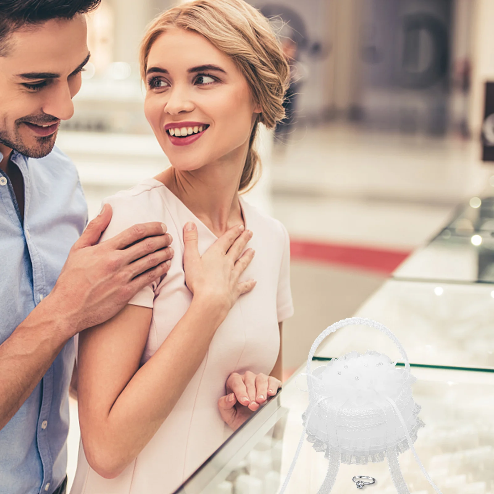 

Ring Box Wedding Day Mini Basket with Pearl Handle and Heart Shaped Ring Pillow White Lace Flower Basket for Bridal Proposal