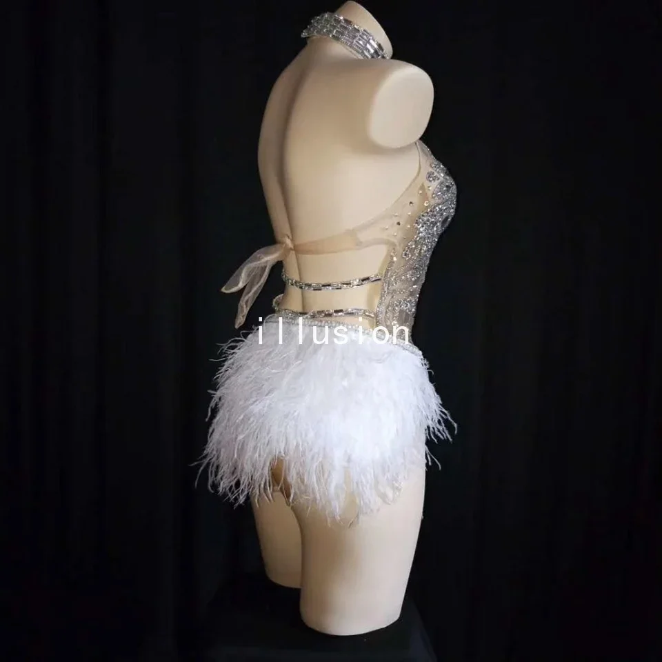 Sparkly Silver Crystals Mesh body Women Feather body Outfit Female Bar Dance Stage Party Dance Costume Celebrate Dress