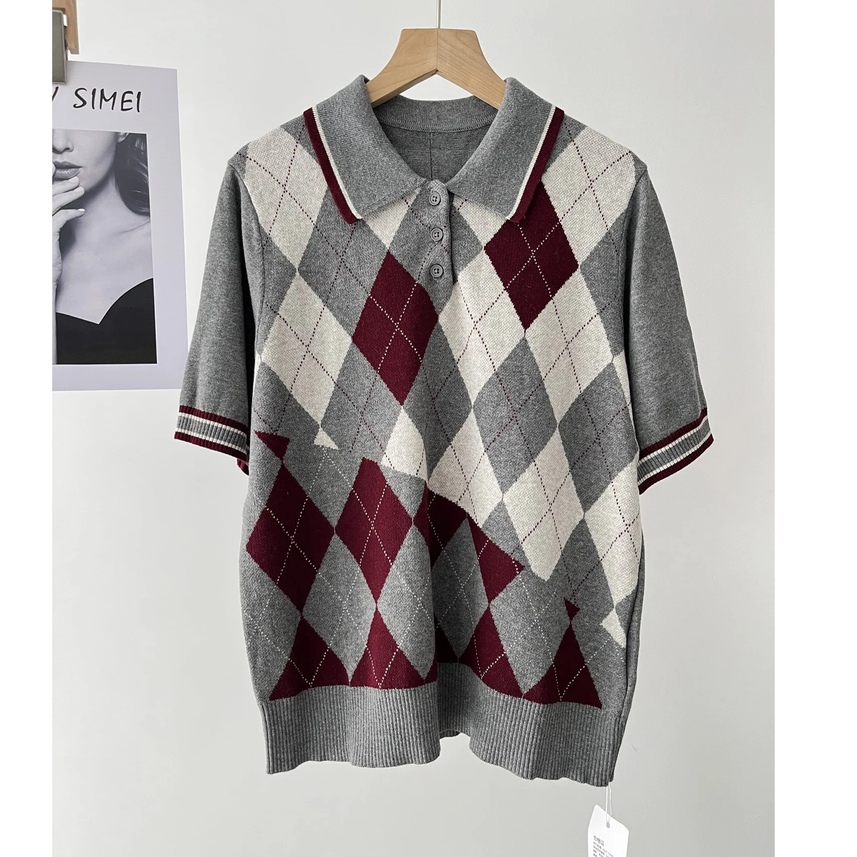 

Autumn British style contrasting color plaid polo knitted sweater short-sleeved women 67b-1125