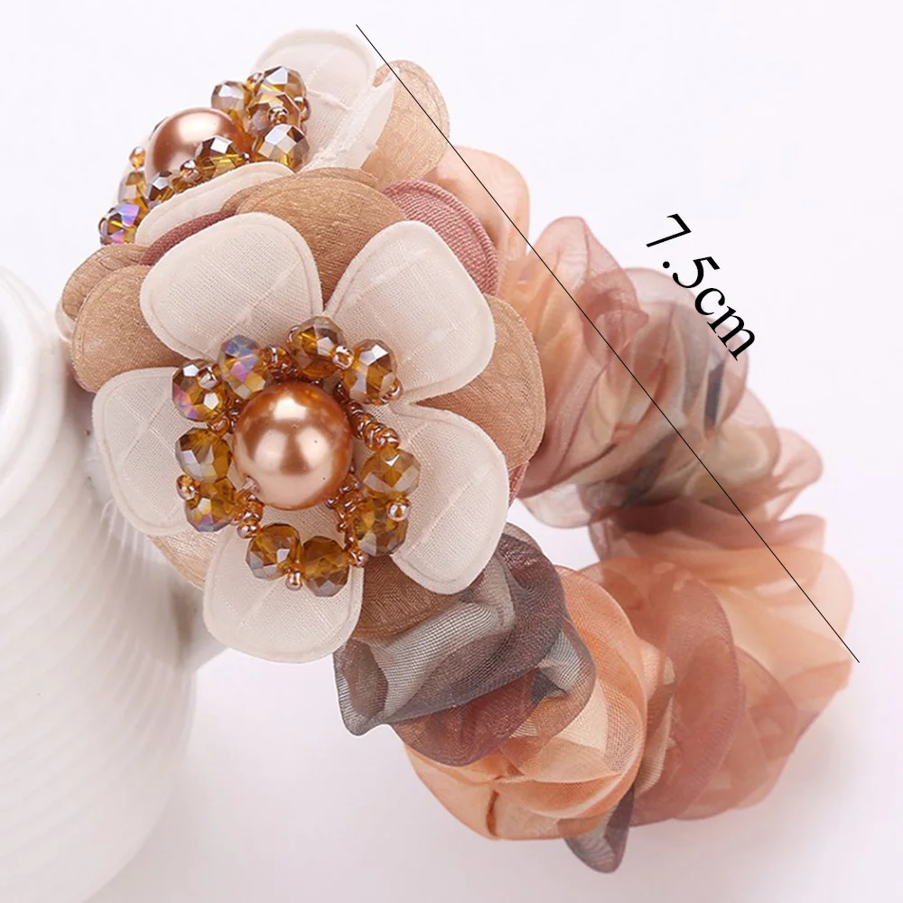 Elegant Ladies Crystal Flower Hair Rope Fashion Elastic Large Lace Hair Scrunchies Ties With Faux Pearl For Women Girls