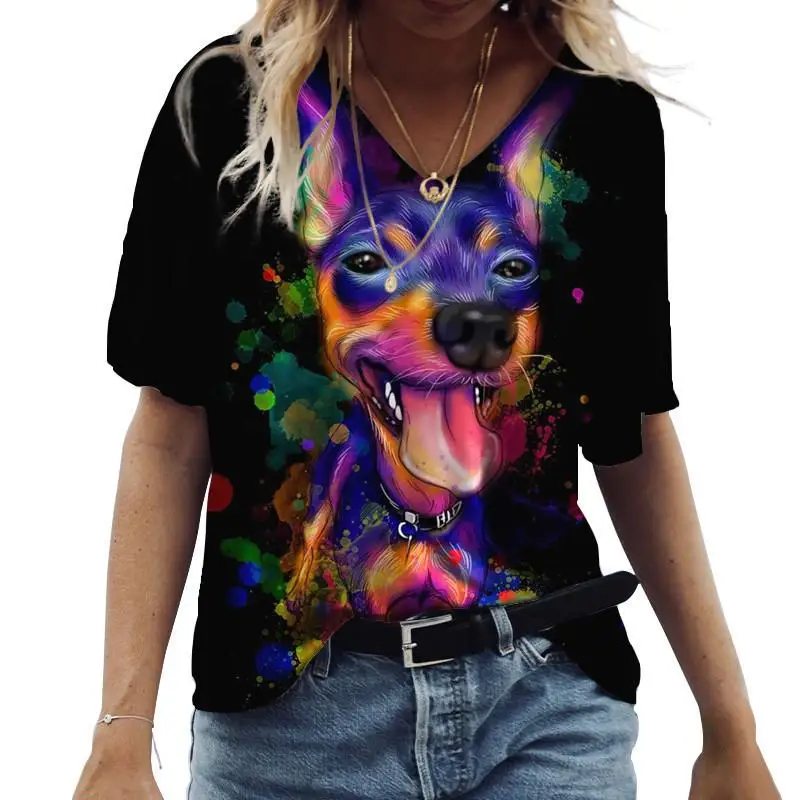Cute Frog Cat 3D Print T-Shirts Women's Summer V-Neck Short Sleeve T Shirt Street Y2K Casual Tees Harajuku Tops Female Clothing
