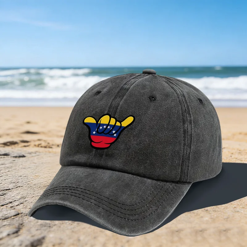 Venezuela Flag Shaka Hand Print Baseball Cap Unisex Adjustable Washed Cotton Cap for Beach Festival Daily Wear