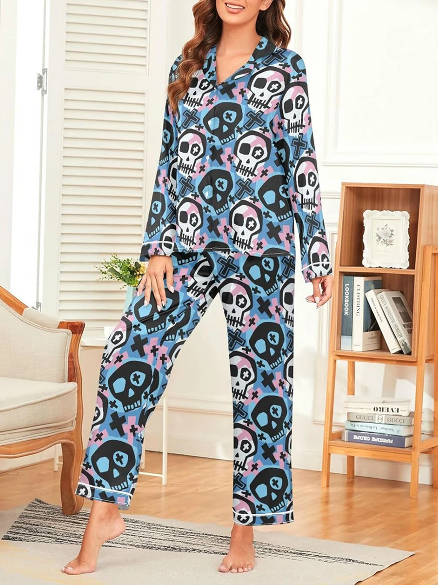 Womens Fall Pajama Set Skull Print Long Sleeve Button-up Tops Elastic Waist Long Pants 2 Pcs Sleepwear Outfit