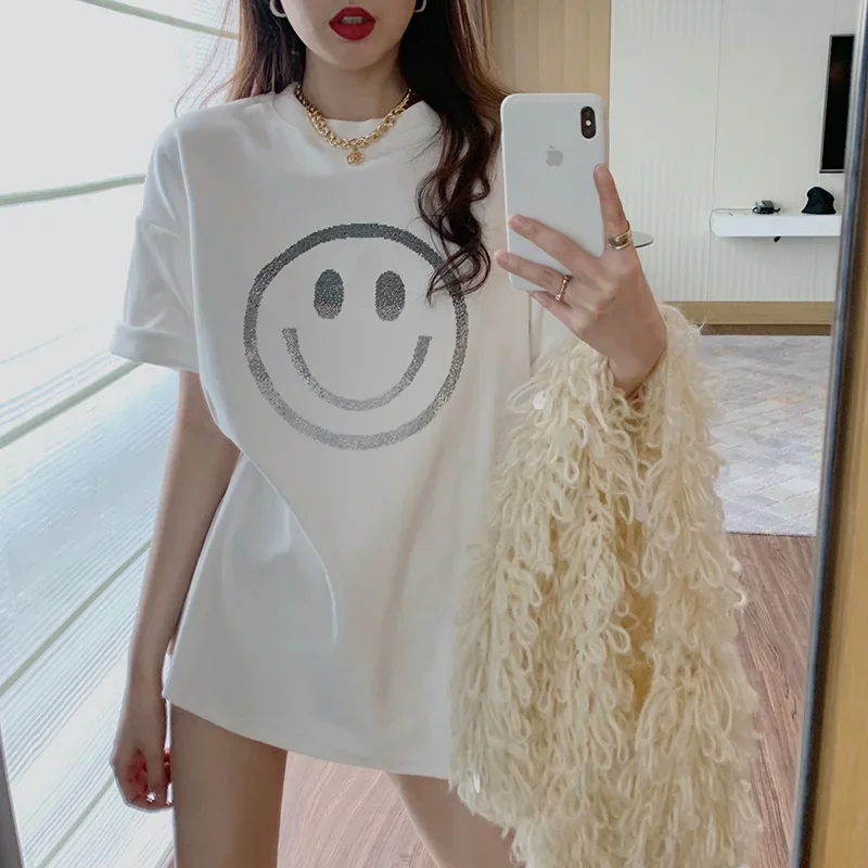 Smiley Face Printed Loose Fit Short Sleeve T-Shirt Women's Spring Summer New Casual Base Layer Round Neck Top Decorated With Flo