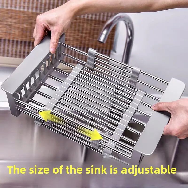 Sink Drain Rack Drain Bowl Rack Hang Dishes Drain Basket Retractable Kitchen Sink Storage Rack