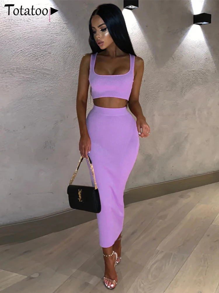 Totatoop-Rib Knit Two Piece Set Dress for Women Neon Vest Crop Top and Maxi Skirt Sexy Club Party Long Dress Summer Beach 2024