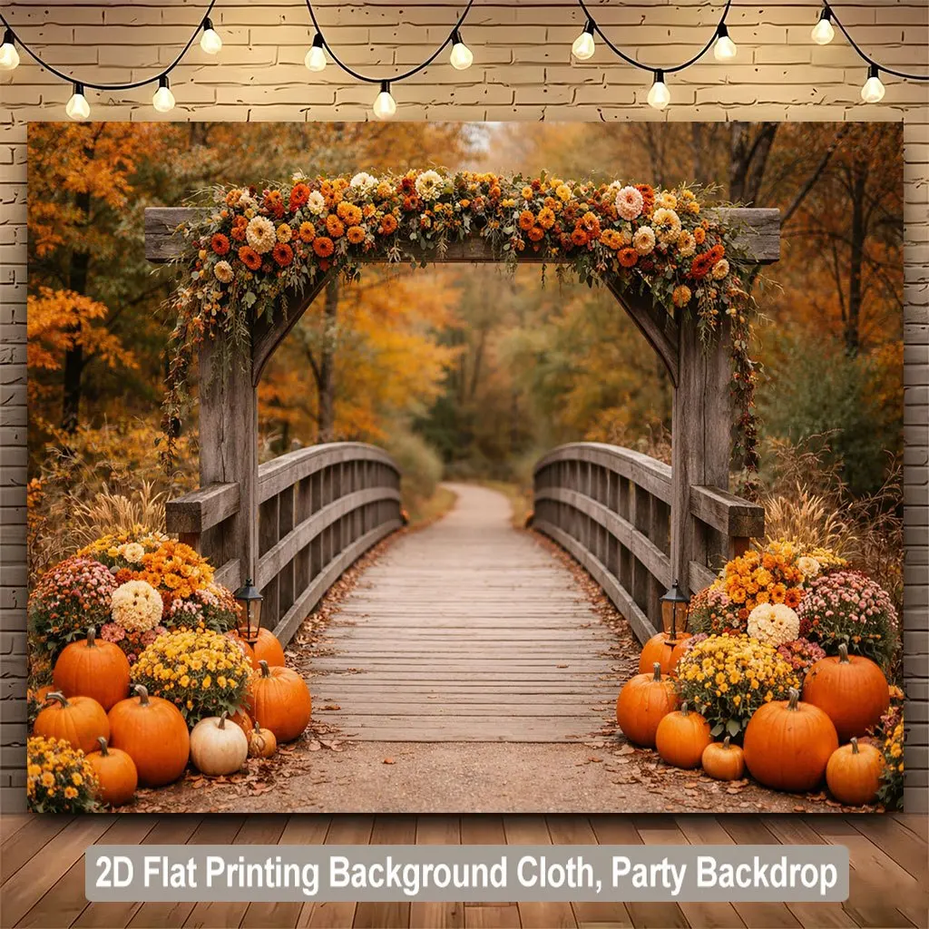 1PC Fall Bridge Flowers Print Backdrop Banner, Bedroom Photo Background, Polyester, Party Decoration, Home Decor, Wall Hanging