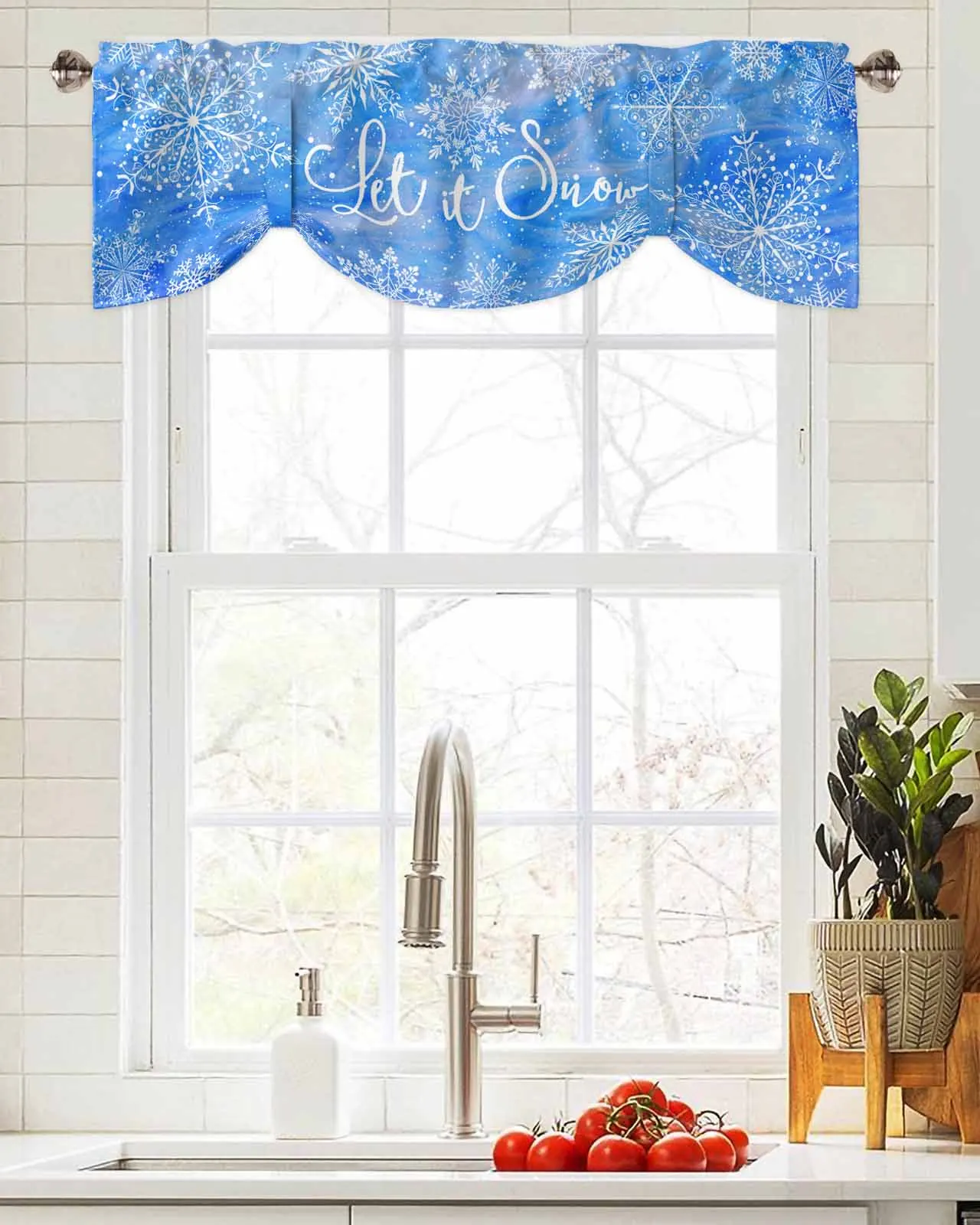 Christmas Winter Snowflakes Watercolor Window Curtain Living Room Kitchen Cabinet Tie-up Valance Curtain Rod Pocket Valance