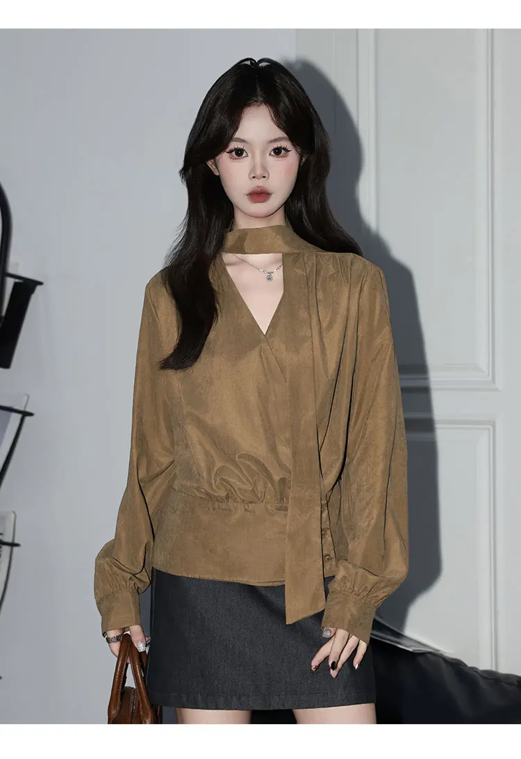 Outono novo estilo francês damasco cintura-concha com decote em v elegante fita manga longa topo cor café fino ajuste pulôver camisa