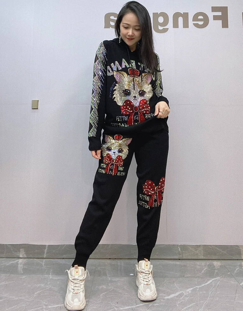 Cartoon Sequins Knitted Black 2 Piece Pant Sets Women Outfits Casual Pullover Long Sleeve Sweater and Pencil Trousers Sportwear