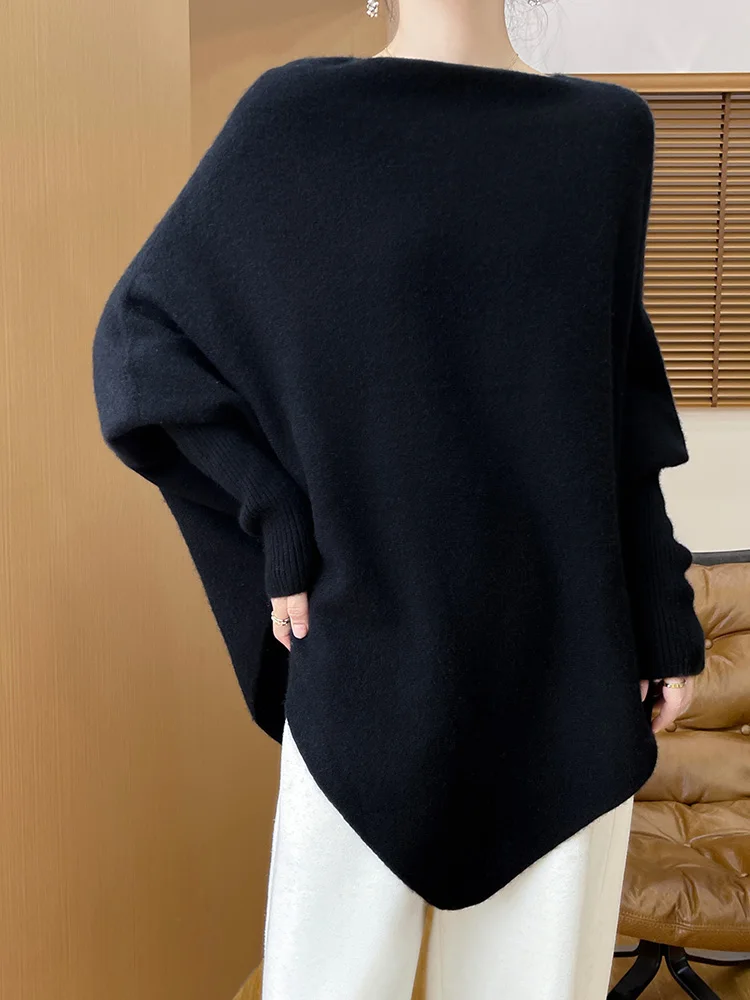 

Spring Autumn High Quality Shawl Women Long Sleeve New Feshion Tops Casual 100% Merino Wool Knitted One Neck Pullover CapeJacket