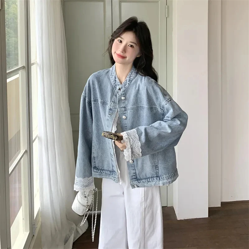 Women Coquette Denim Jacket Lace Spliced Cuffs Oversized Coat Blue Wash Button Down Long Sleeve Loose Fit Y2K Sweet Outerwear