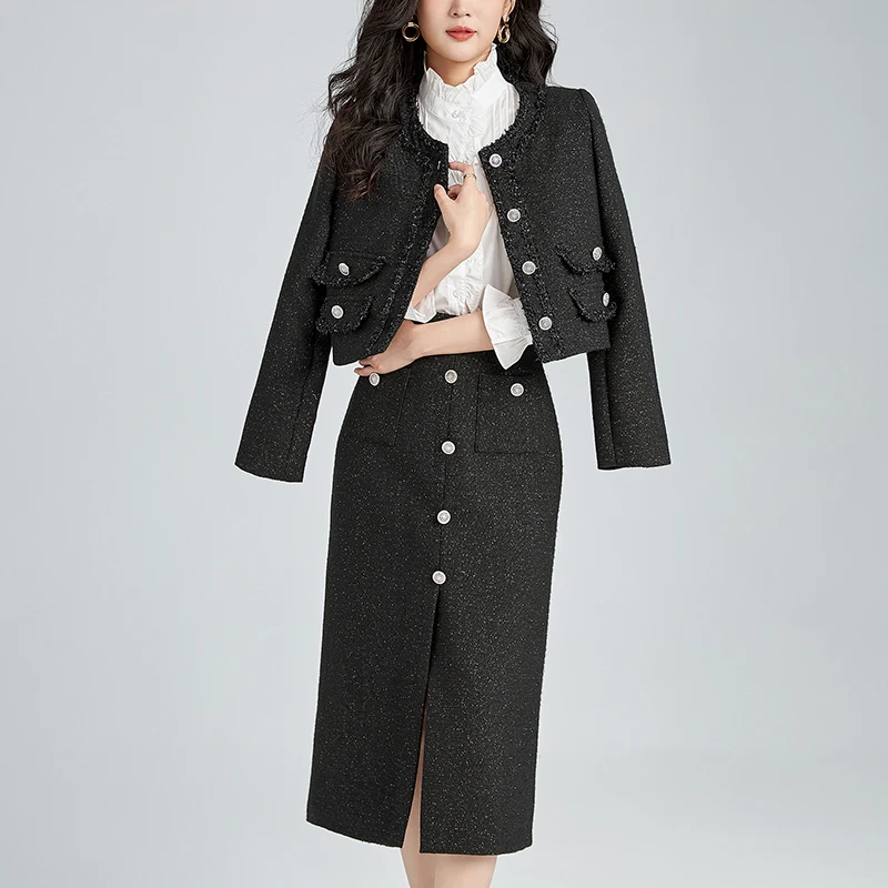 

Office Lady Skirts Sets For Women 2 Pieces Elegant Black Long Sleeve Coat And Skirt Women's 50% Wool Tweed Two Piece Set Slim