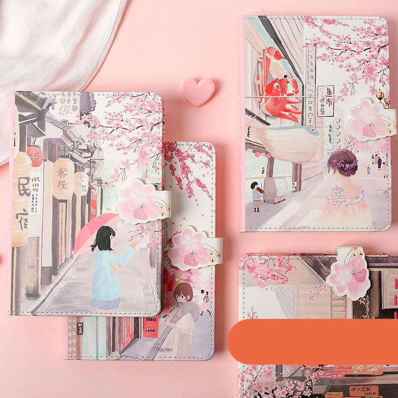 256 Page Japanese Sakura Cute Cat Notebook Magnetic Buckle Color Page Student Manual Ledger A5 Notepad Diary Book Kawaii New